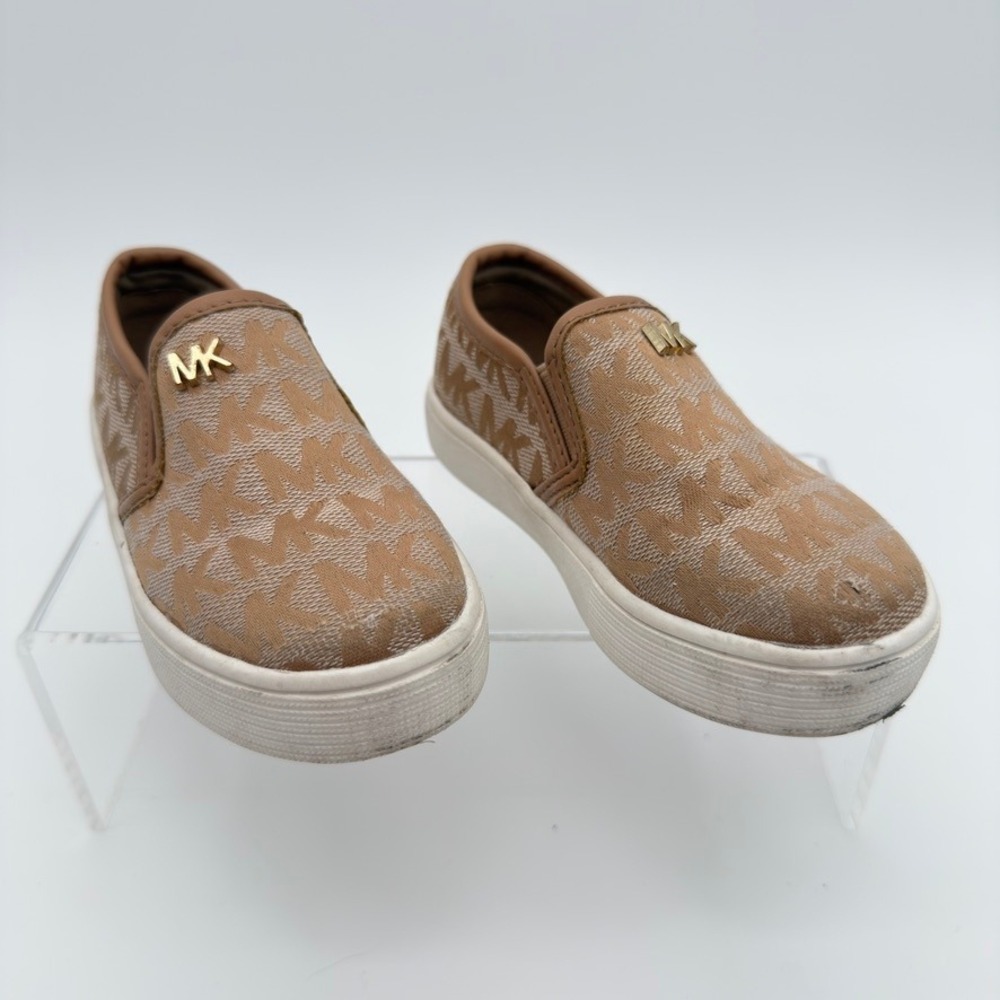 Michael Kors Toddler 7 Slip On Sneakers Tan Gold MK Logo Monogram Shoes